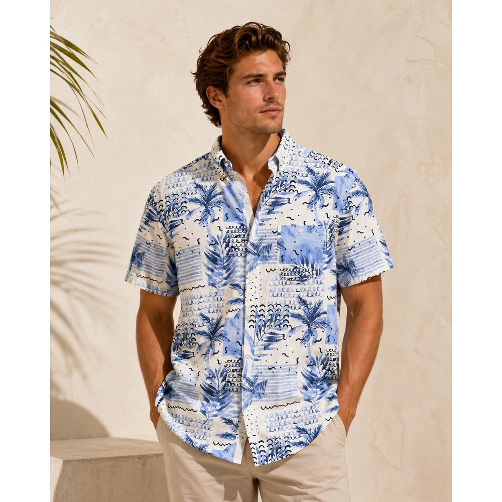 Artistry in Motion Mens Slim Fit Short Sleeve Tropical Palm Print Shirt Medium‎